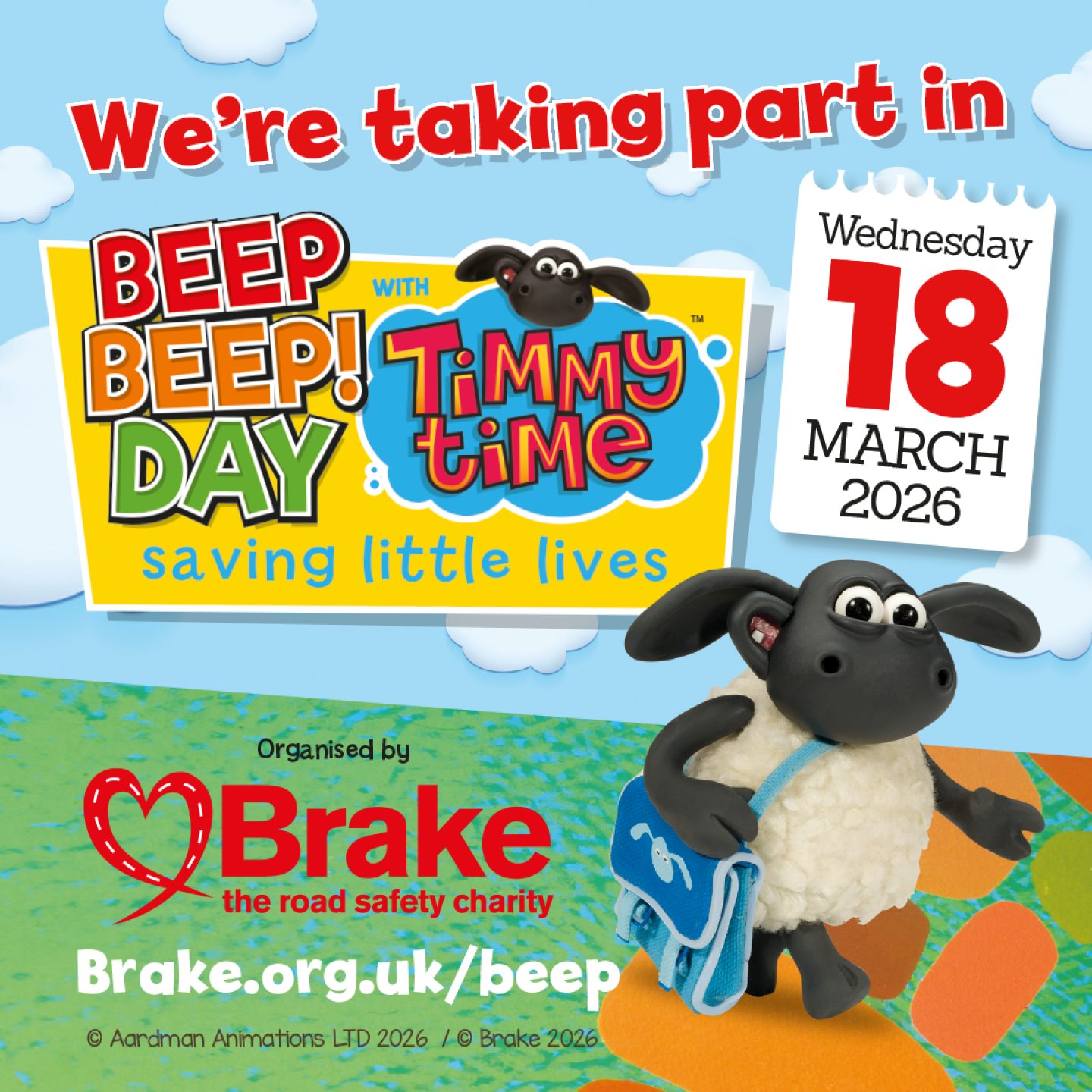A graphic image promoting Brake's Beep Beep! Day. The image states We're taking part in Beep Beep! Day on Wednesday 18 March 2026. The image is square to share on Instagram.