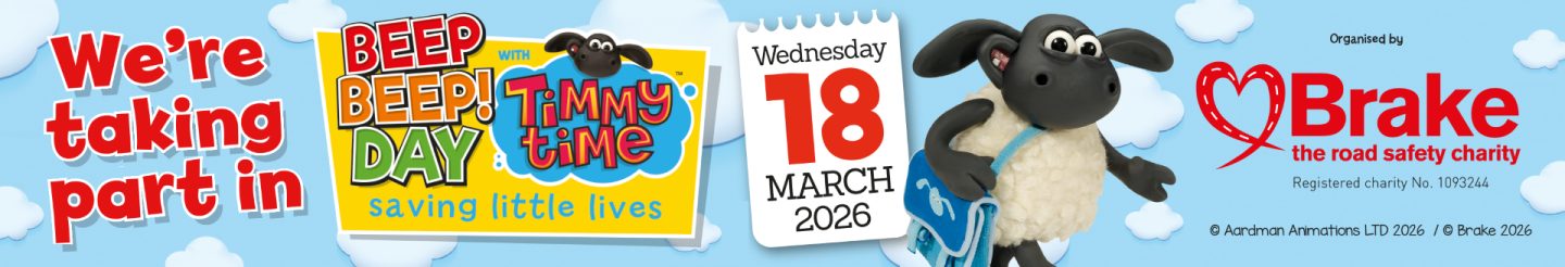 A graphic image promoting Brake's Beep Beep! Day. The image states We're taking part in Beep Beep! Day on Wednesday 18 March 2026. It is designed to be used as an email footer.