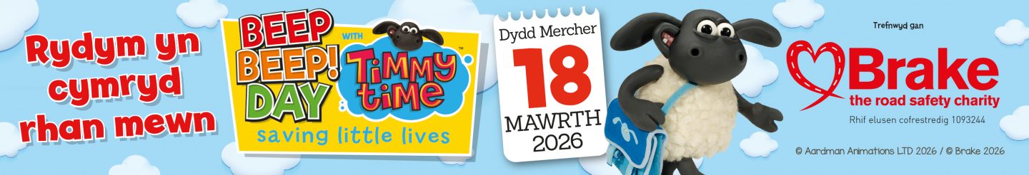 A graphic image promoting Brake's Beep Beep! Day. The language is Welsh and states We're taking part in Beep Beep! Day on Wednesday 18 March 2026. The image is designed to use as an email footer.