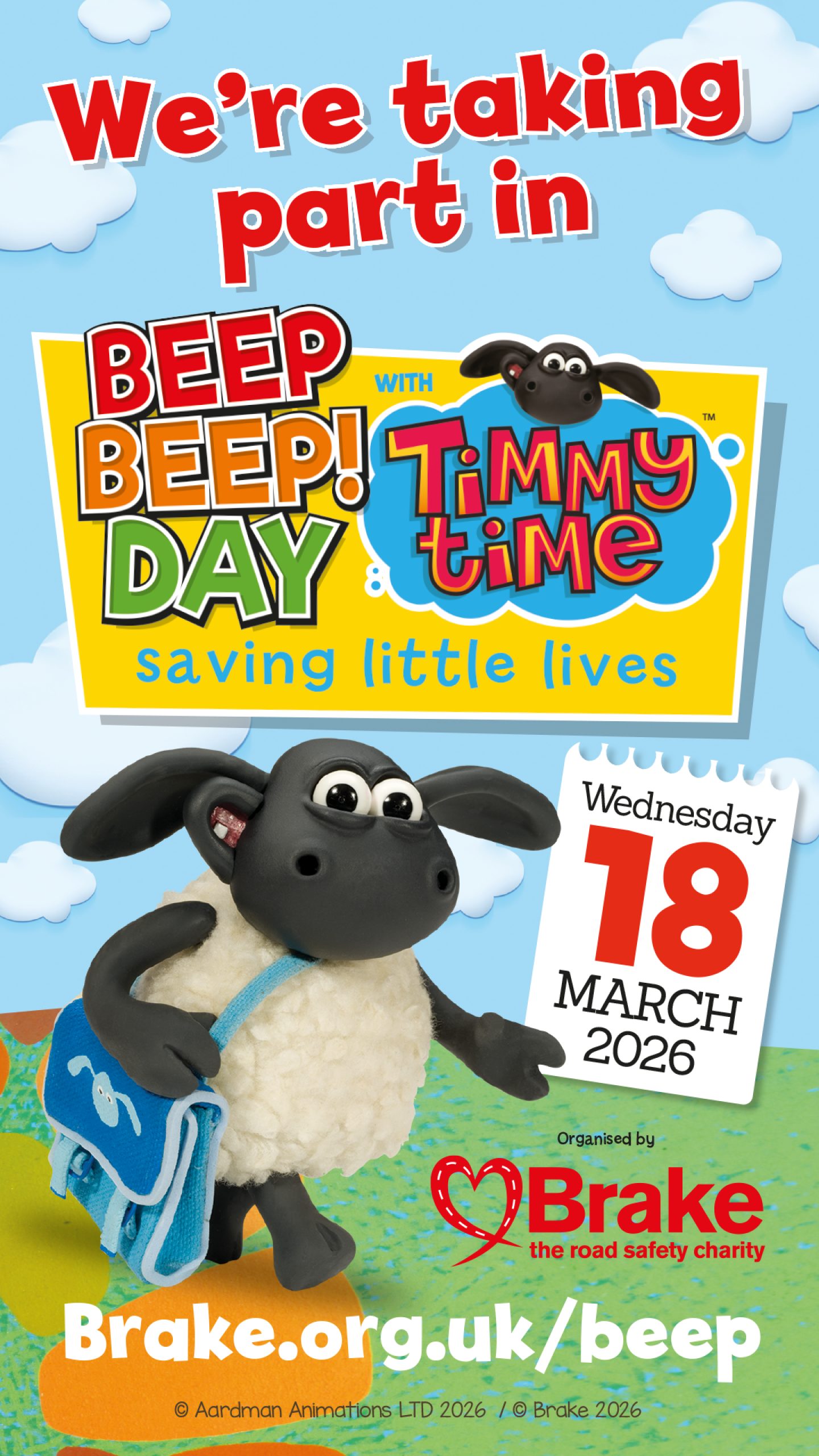A graphic image promoting Brake's Beep Beep! Day. The image states We're taking part in Beep Beep! Day on Wednesday 18 March 2026. It is rectangle and portrait orientation, to share on Instagram stories.