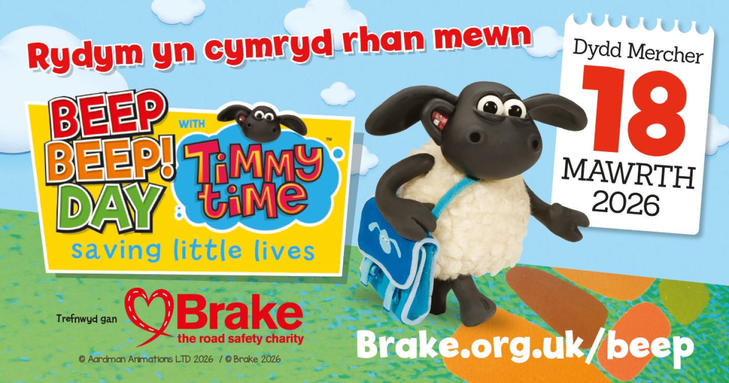 A graphic image promoting Brake's Beep Beep! Day. The language is Welsh and states We're taking part in Beep Beep! Day on Wednesday 18 March 2026. The image is rectangle and landscape orientation.
