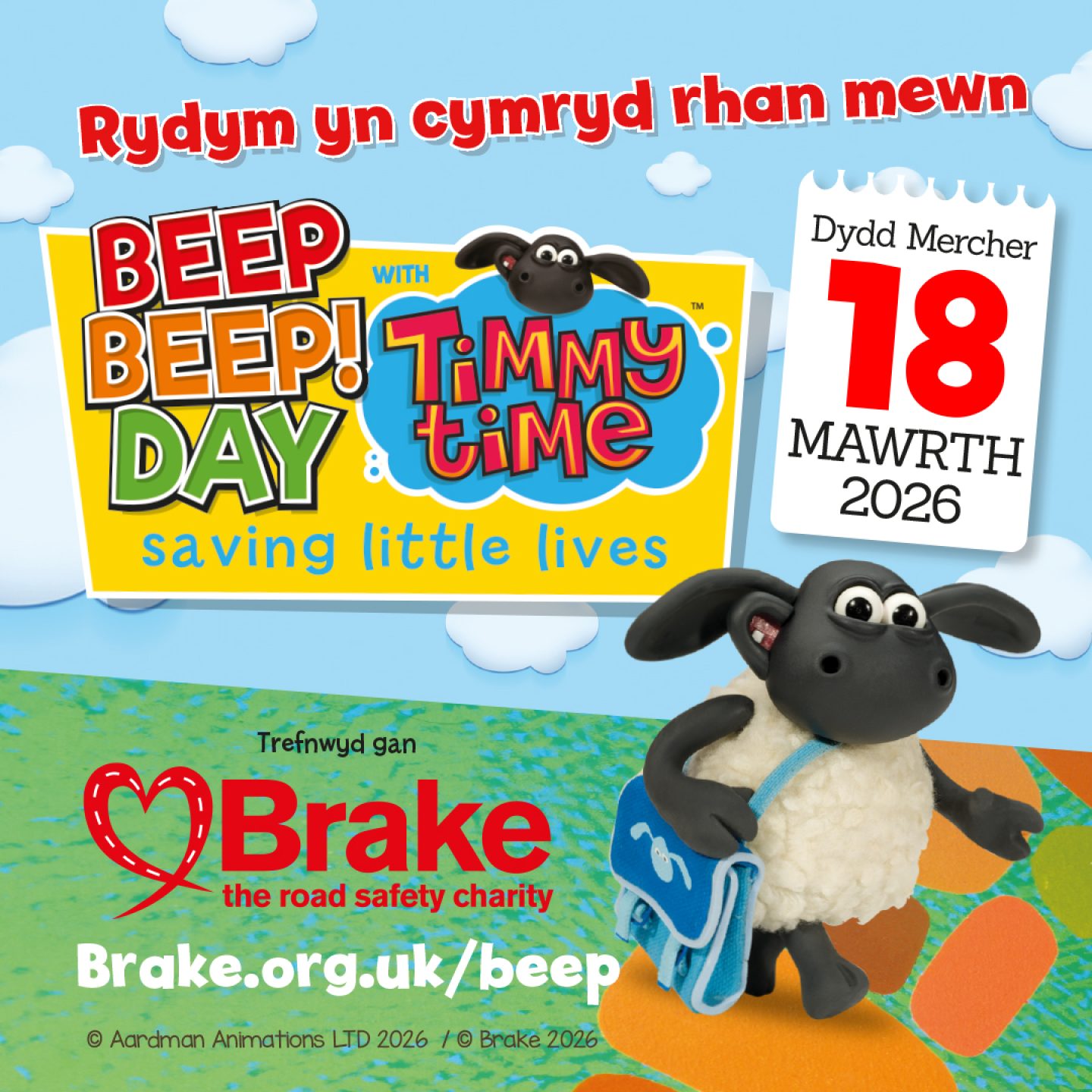 A graphic image promoting Brake's Beep Beep! Day. The language is Welsh and states We're taking part in Beep Beep! Day on Wednesday 18 March 2026.
