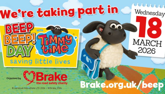 A graphic image promoting Brake's Beep Beep! Day. The image states: We're taking part in Beep Beep! Day on Wednesday 18 March 2026. The image is rectangle and landscape orientation.