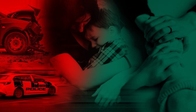 A montage image of a damaged car after a crash, a police car, a woman comforting a child, and two people holding hands in a comforting way.