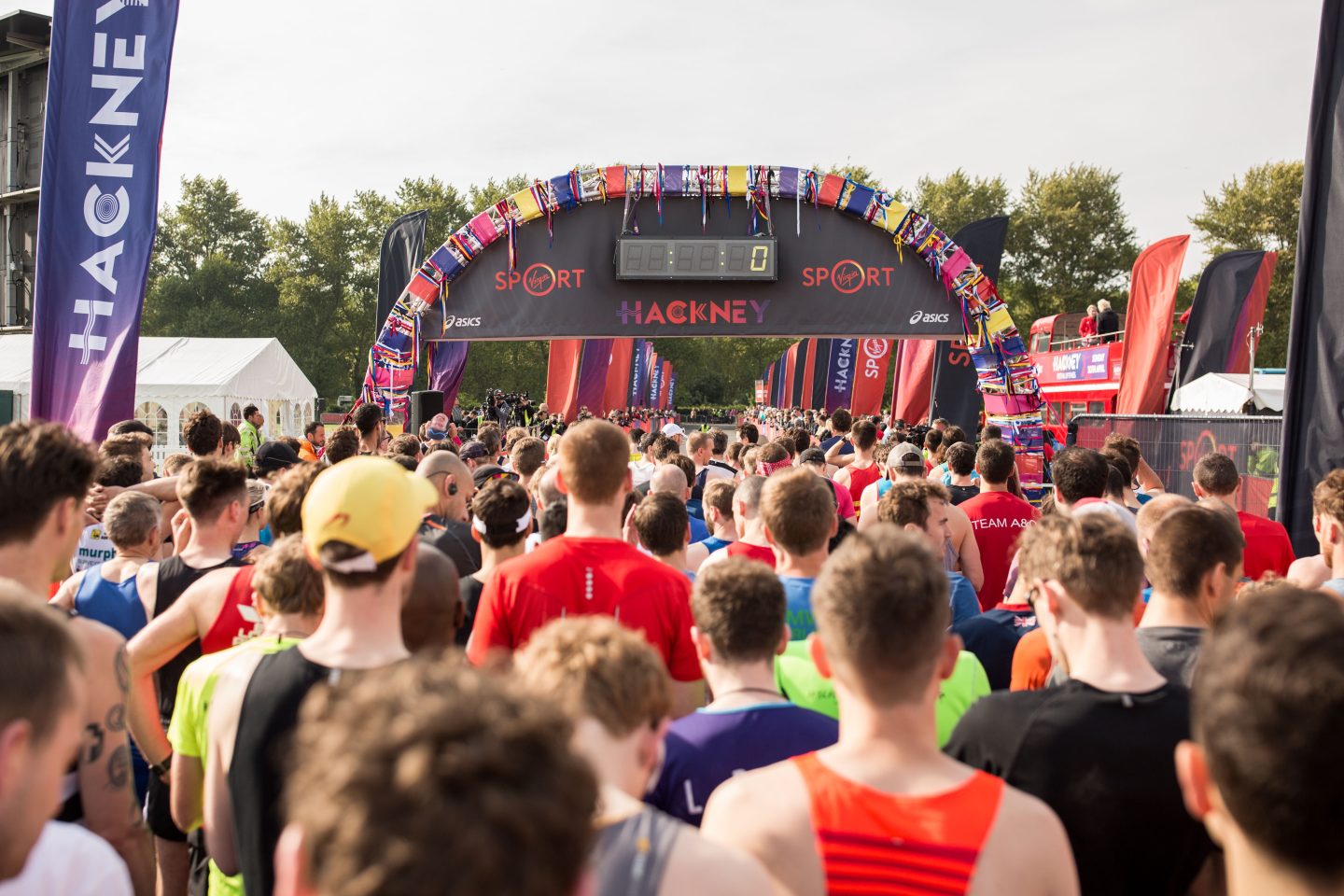 A large group of runners at the start line of the Hackney Half marathon.