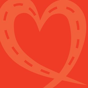 A graphic illustration of a heart shape formed by a road with dashed lines on a red background